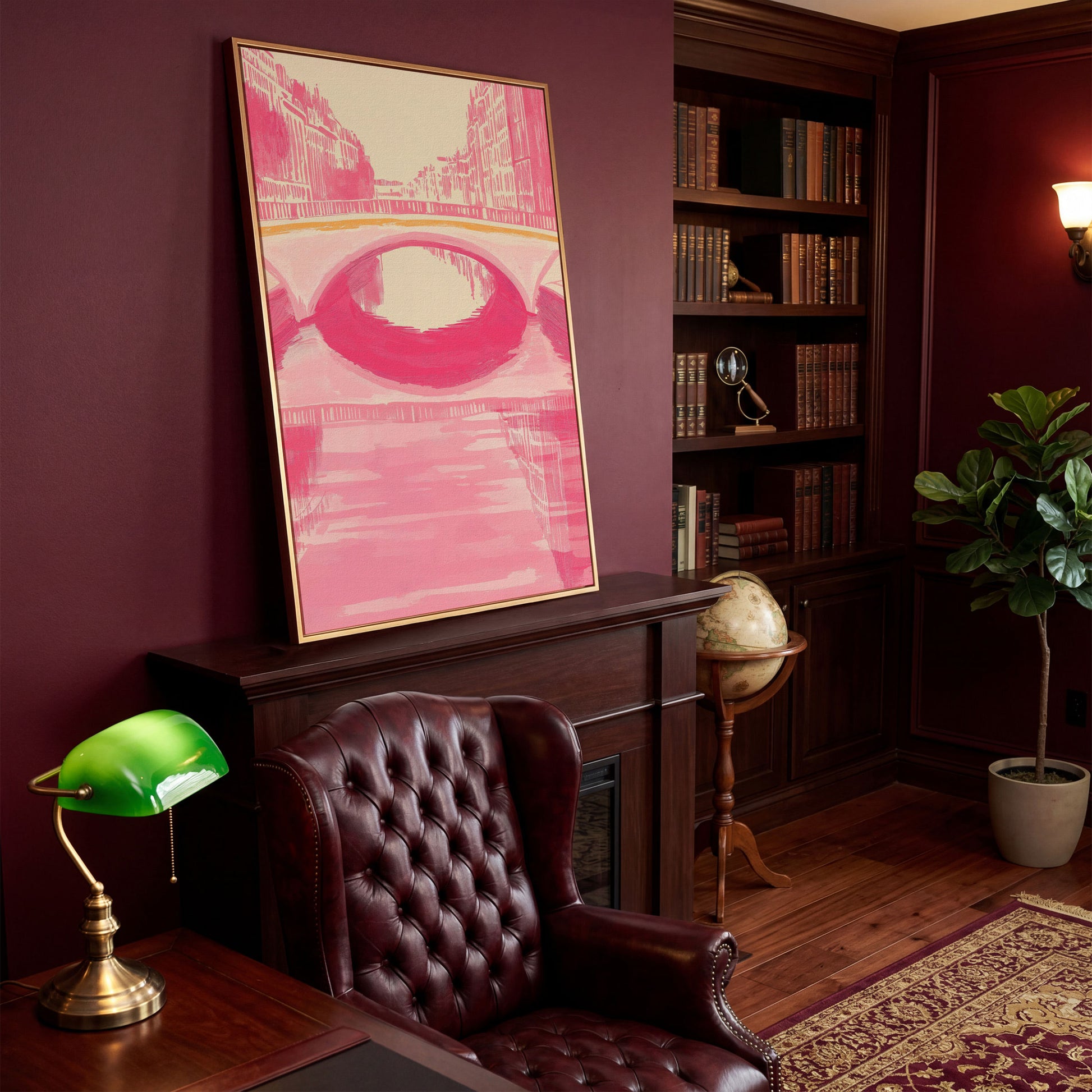 Pink Abstract Cityscape Bridge Canvas in antique gold floating frame