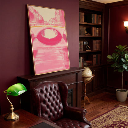 Pink Abstract Cityscape Bridge Canvas in antique gold floating frame