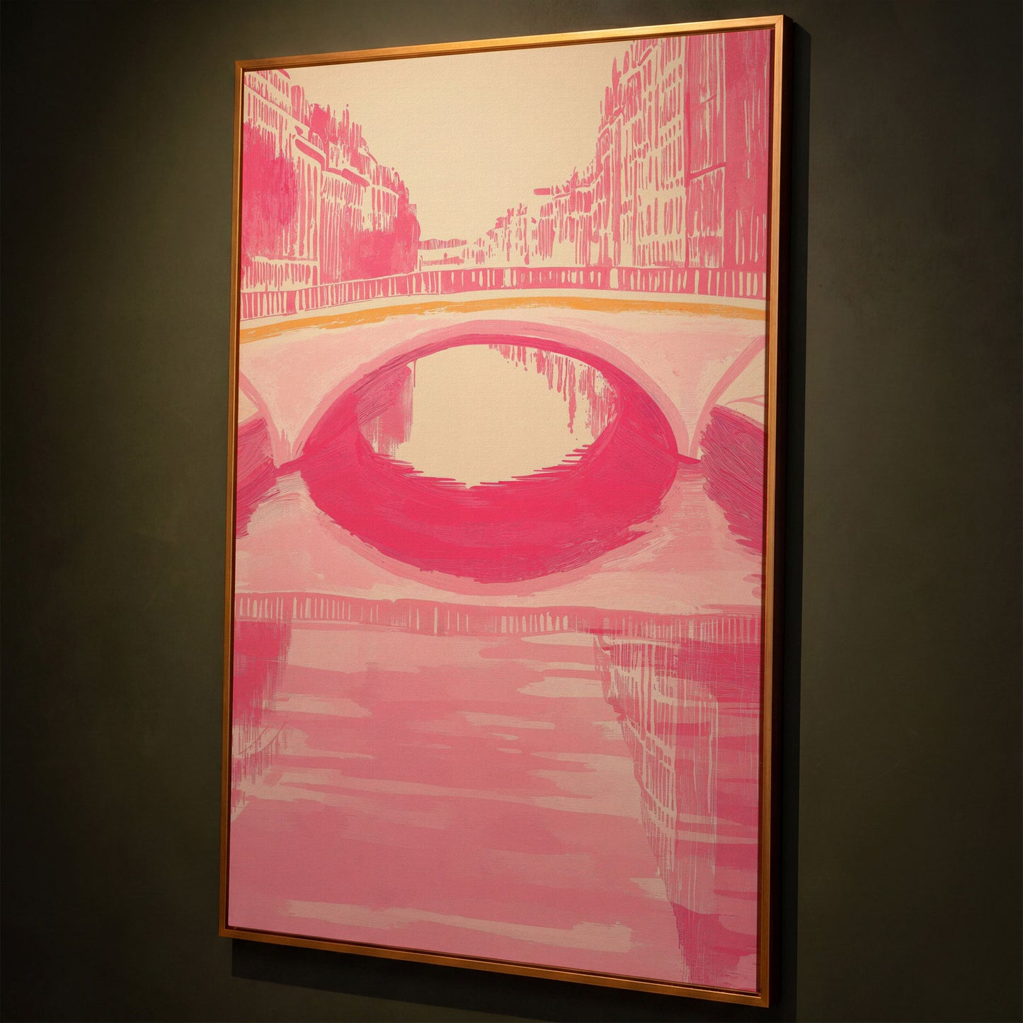 Pink Abstract Cityscape Bridge Canvas shown in antique gold floating frame
