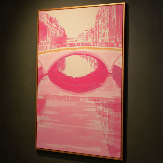Pink Abstract Cityscape Bridge Canvas shown in antique gold floating frame