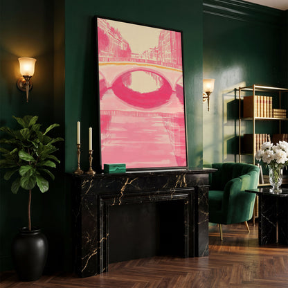 Pink Abstract Cityscape Bridge Canvas in black floating frame