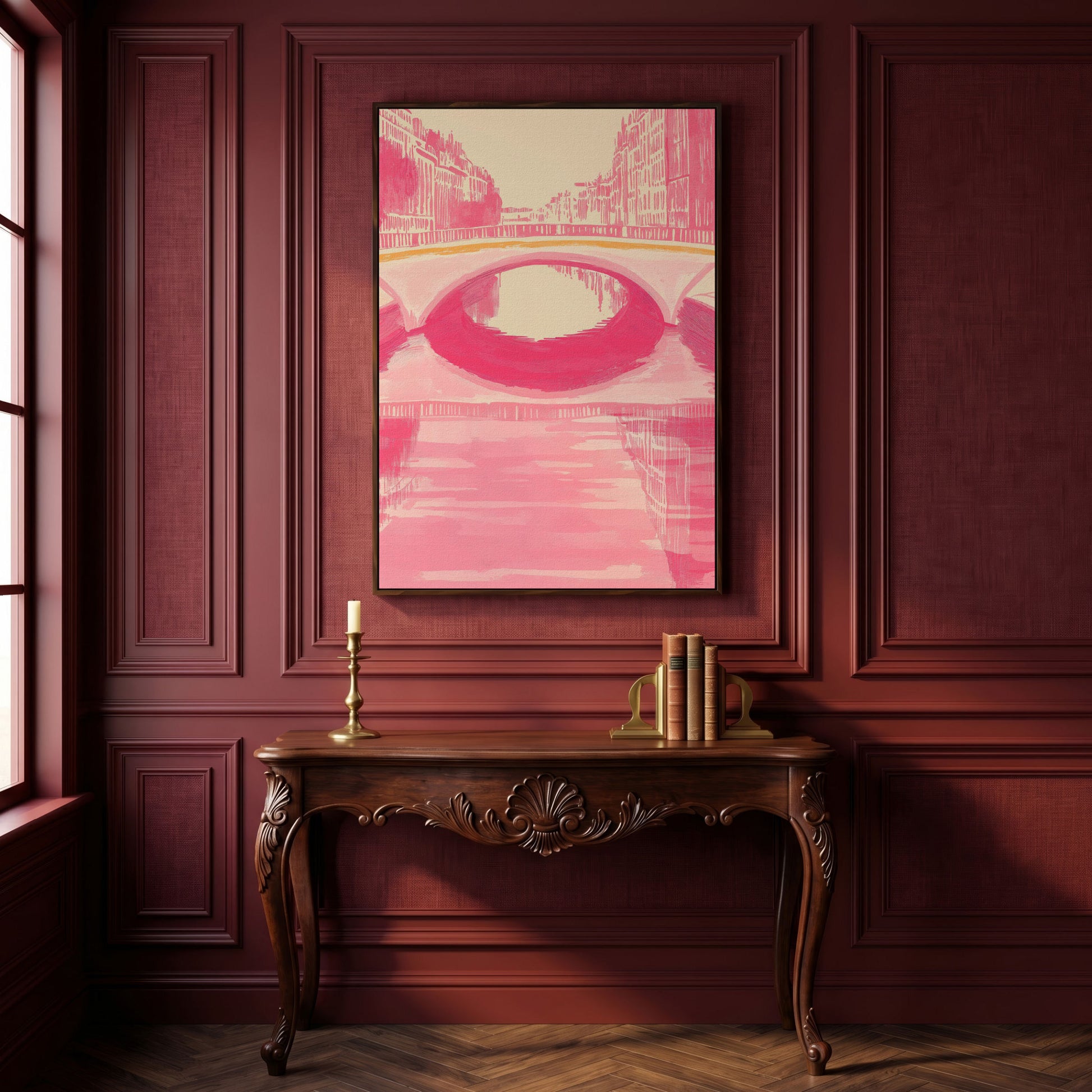 Pink Abstract Cityscape Bridge Canvas in dark walnut floating frame