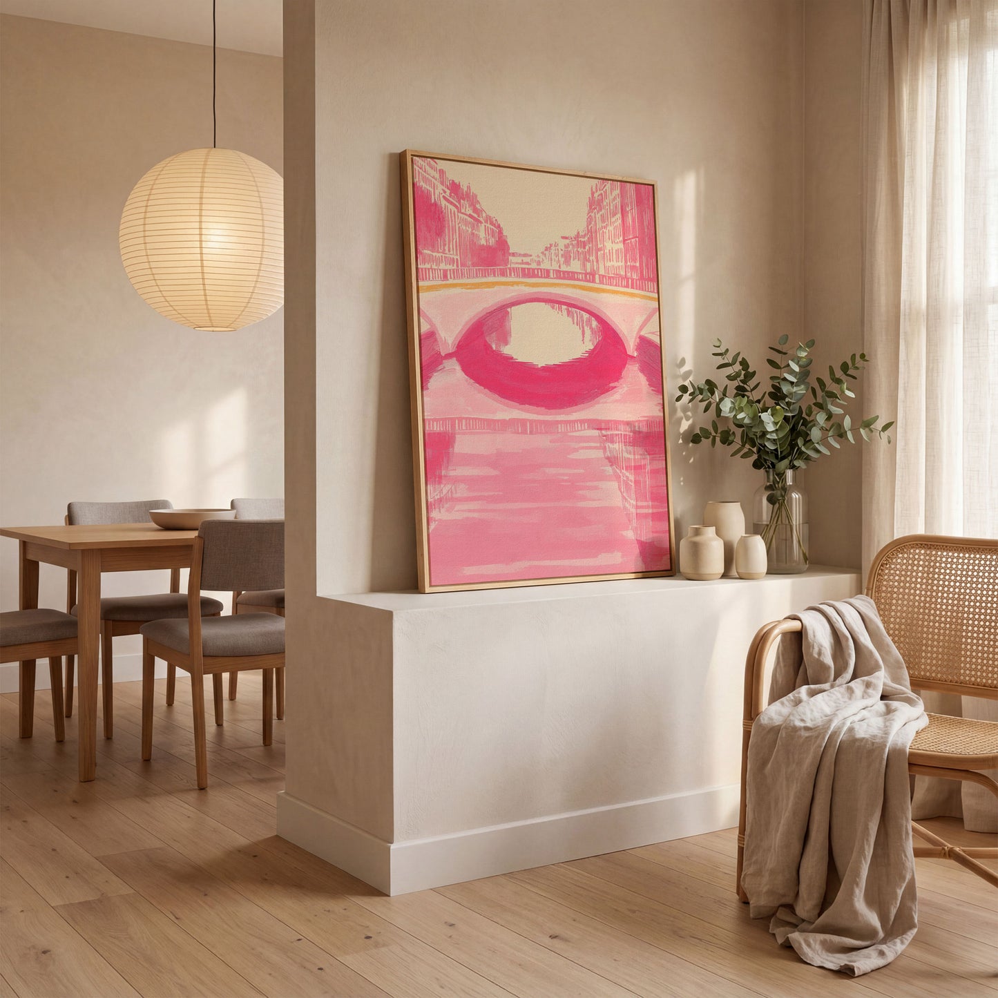 Pink Abstract Cityscape Bridge Canvas in white oak floating frame