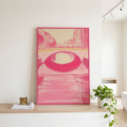 Pink Abstract Cityscape Bridge Canvas in pink floating frame