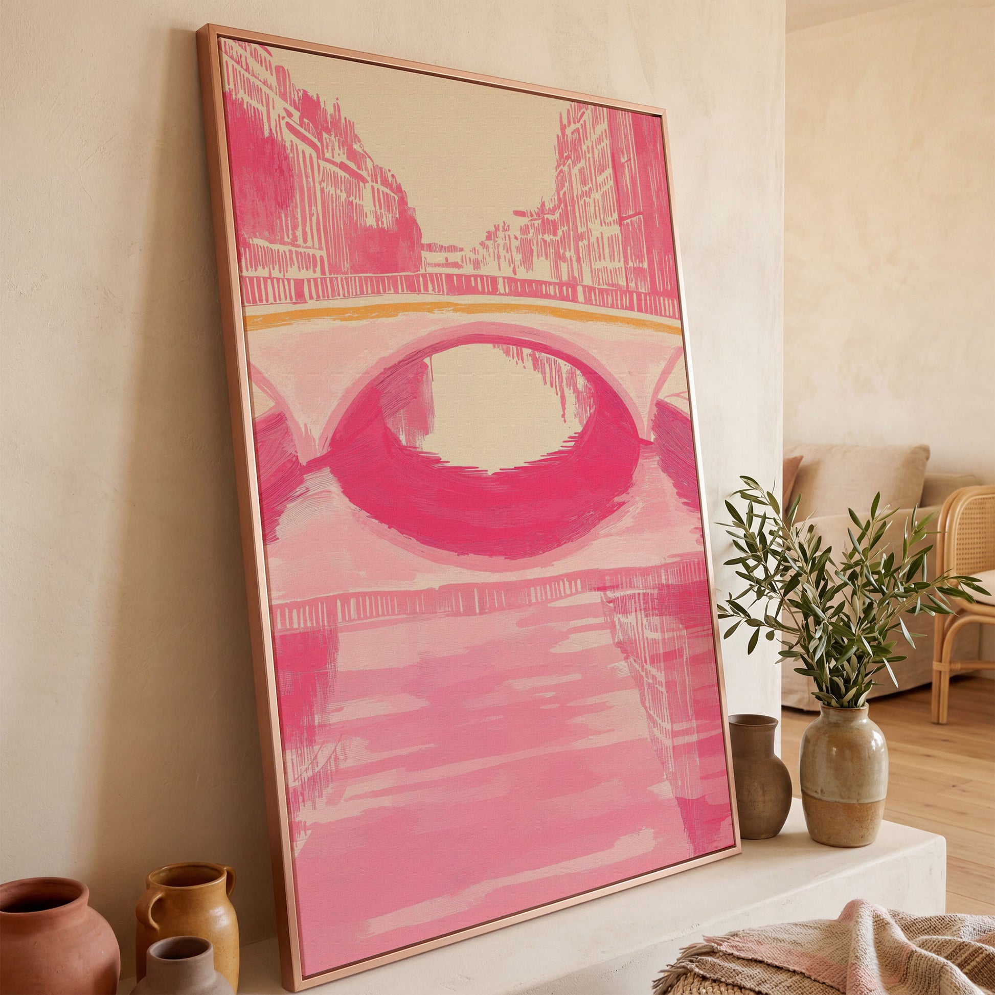 Pink Abstract Cityscape Bridge Canvas in rose gold floating frame