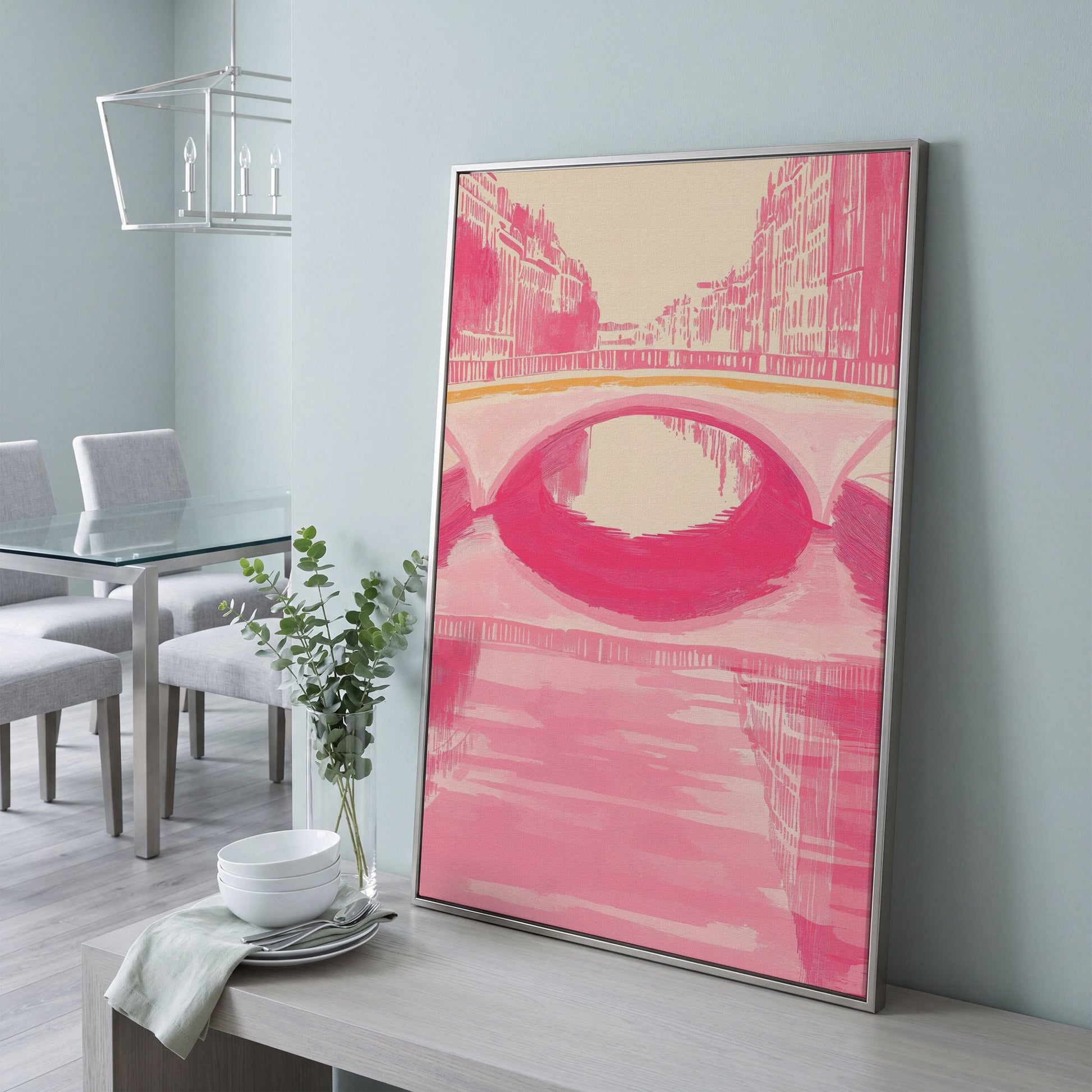 Pink Abstract Cityscape Bridge Canvas in silver floating frame