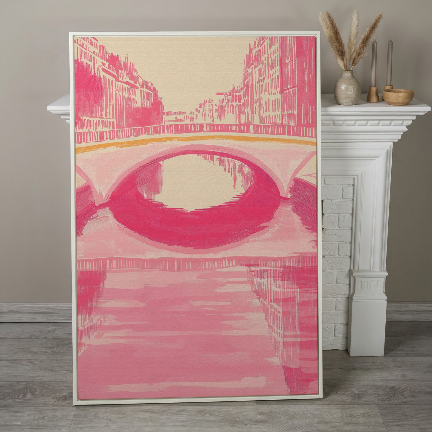 Pink Abstract Cityscape Bridge Canvas in white floating frame
