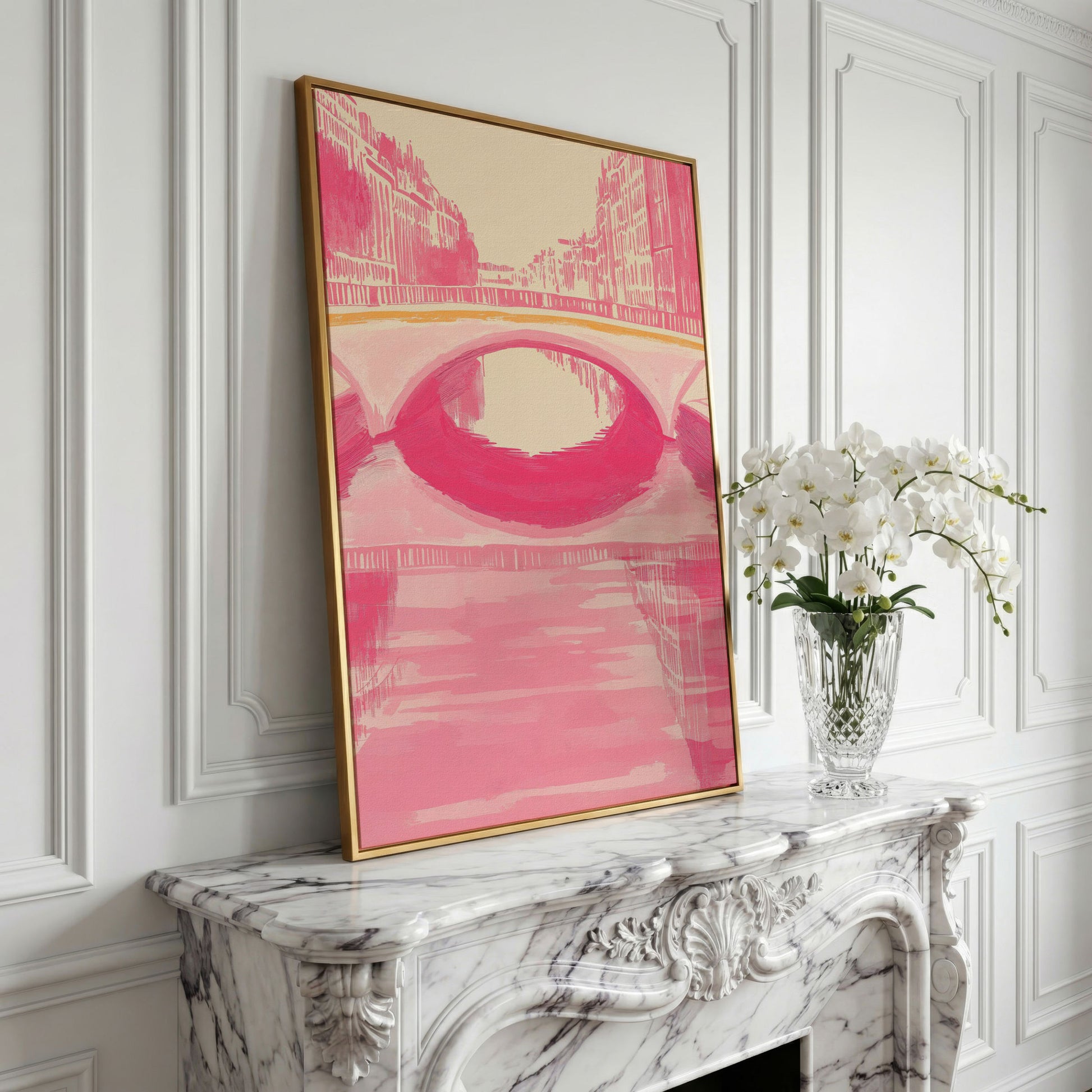 Pink Abstract Cityscape Bridge Canvas in yellow gold floating frame