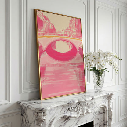 Pink Abstract Cityscape Bridge Canvas in yellow gold floating frame