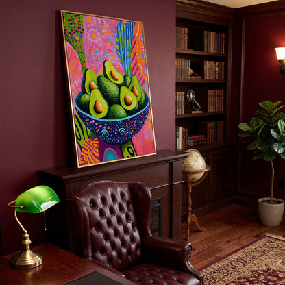 Abstract Avocado Bowl Canvas in Hot Pink and Tangerine in antique gold floating frame