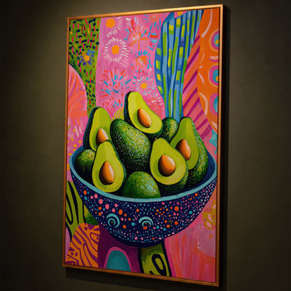 Abstract Avocado Bowl Canvas in Hot Pink and Tangerine shown in antique gold floating frame