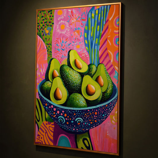 Abstract Avocado Bowl Canvas in Hot Pink and Tangerine shown in antique gold floating frame