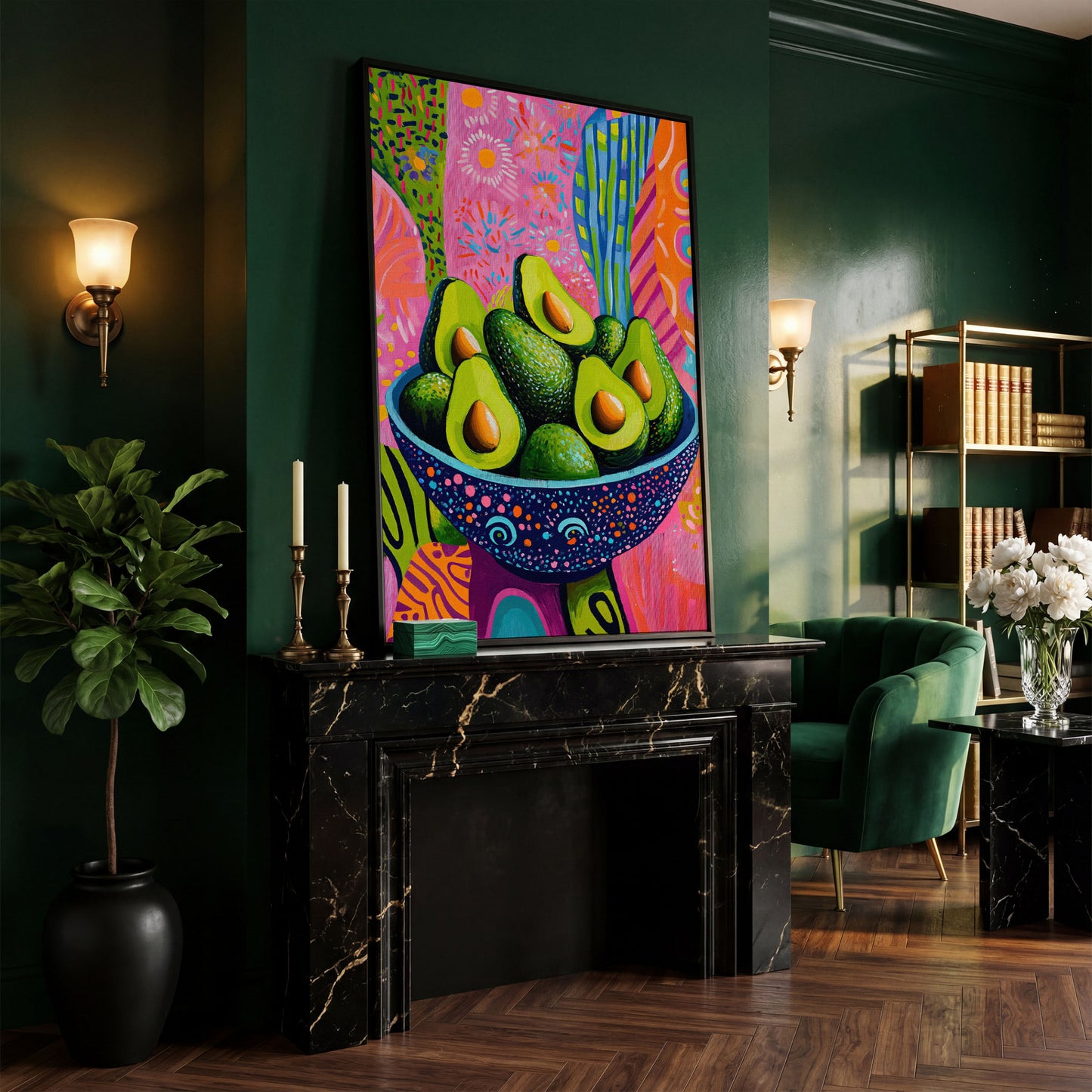 Abstract Avocado Bowl Canvas in Hot Pink and Tangerine in black floating frame