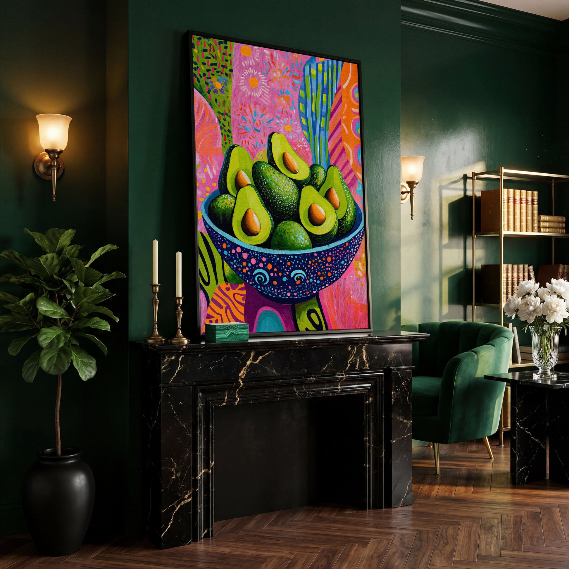 Abstract Avocado Bowl Canvas in Hot Pink and Tangerine in black floating frame
