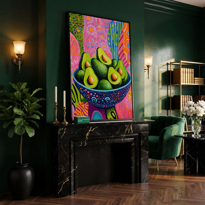 Abstract Avocado Bowl Canvas in Hot Pink and Tangerine in black floating frame