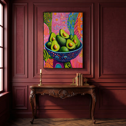 Abstract Avocado Bowl Canvas in Hot Pink and Tangerine in dark walnut floating frame