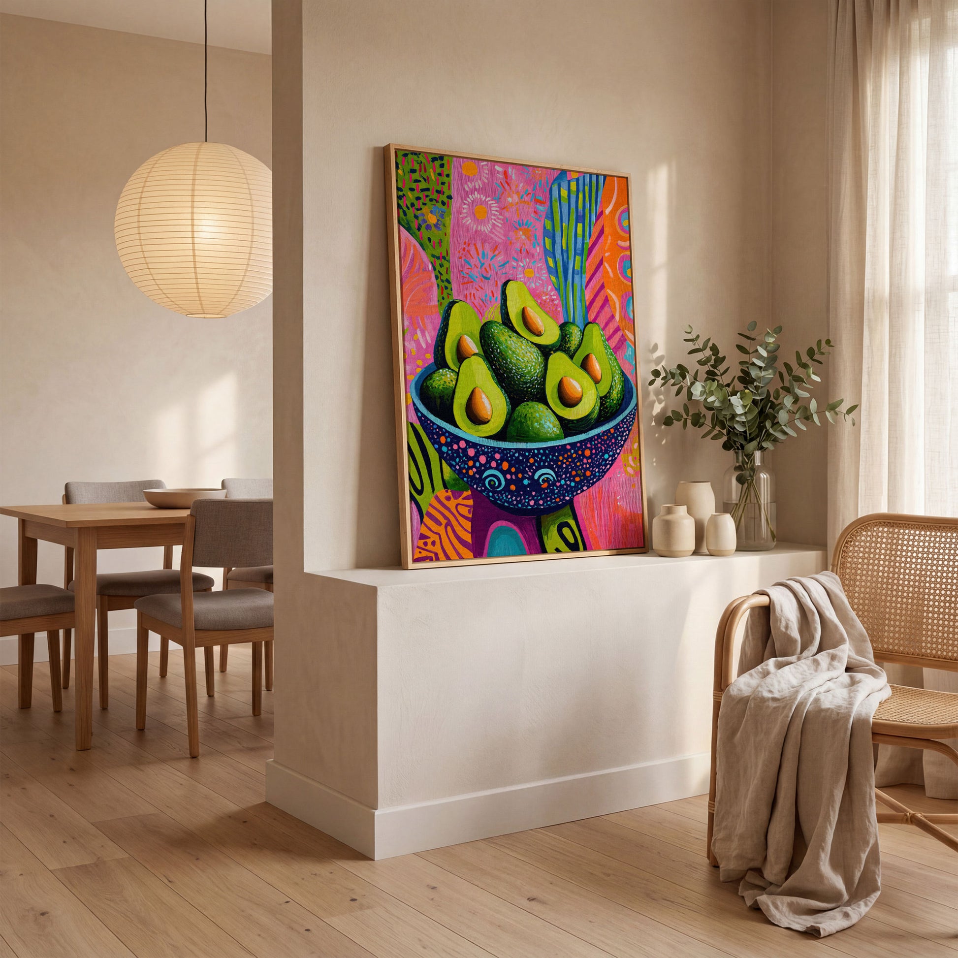 Abstract Avocado Bowl Canvas in Hot Pink and Tangerine in white oak floating frame