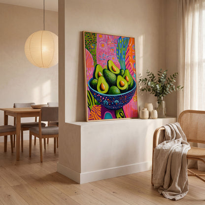Abstract Avocado Bowl Canvas in Hot Pink and Tangerine in white oak floating frame