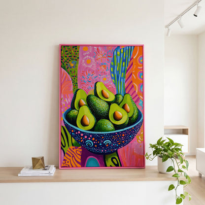 Abstract Avocado Bowl Canvas in Hot Pink and Tangerine in pink floating frame