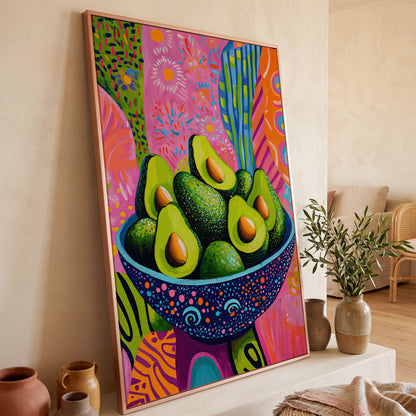 Abstract Avocado Bowl Canvas in Hot Pink and Tangerine in rose gold floating frame