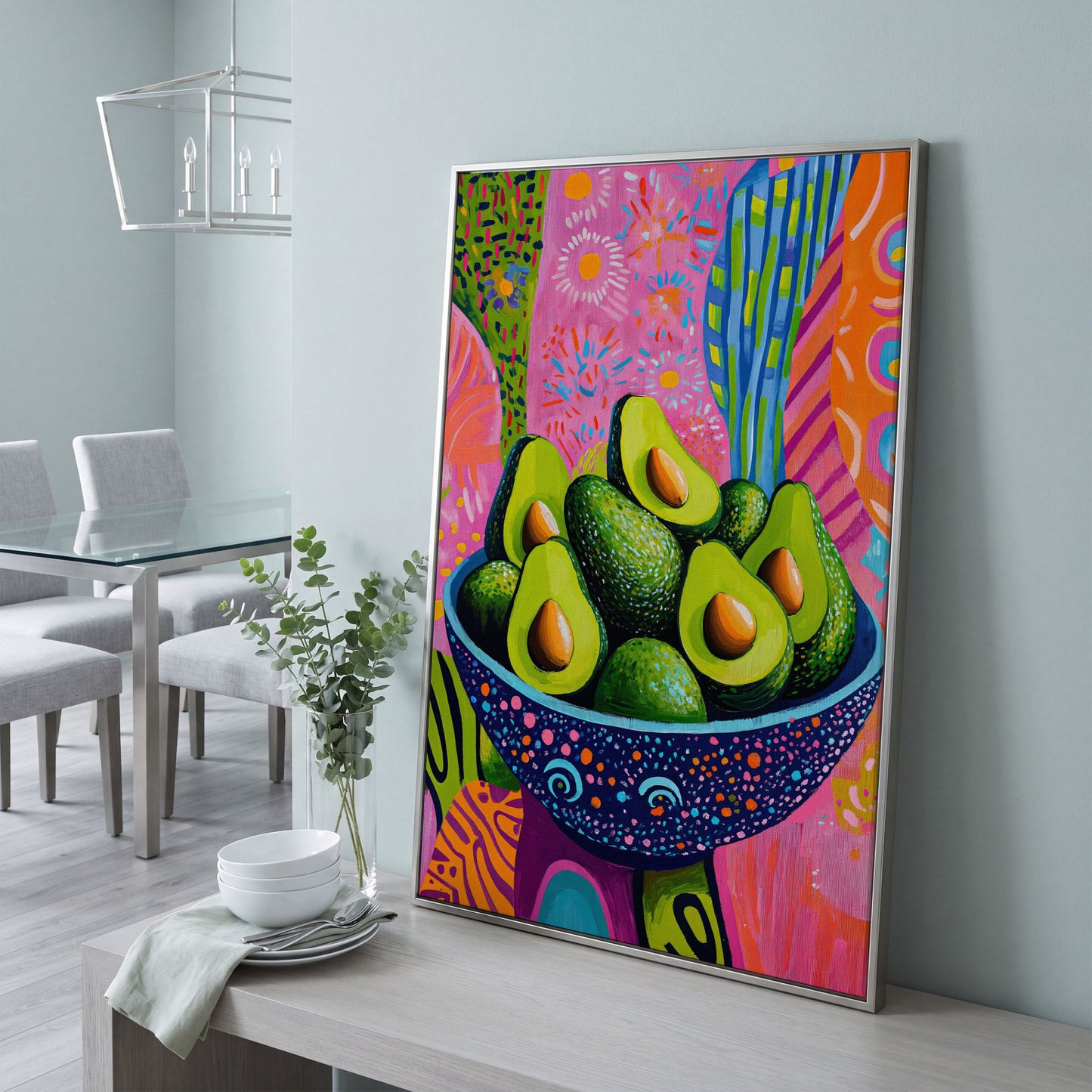 Abstract Avocado Bowl Canvas in Hot Pink and Tangerine in silver floating frame