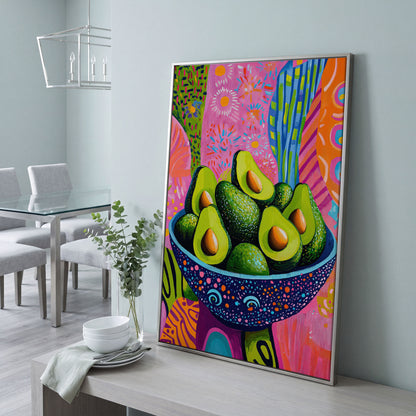 Abstract Avocado Bowl Canvas in Hot Pink and Tangerine in silver floating frame