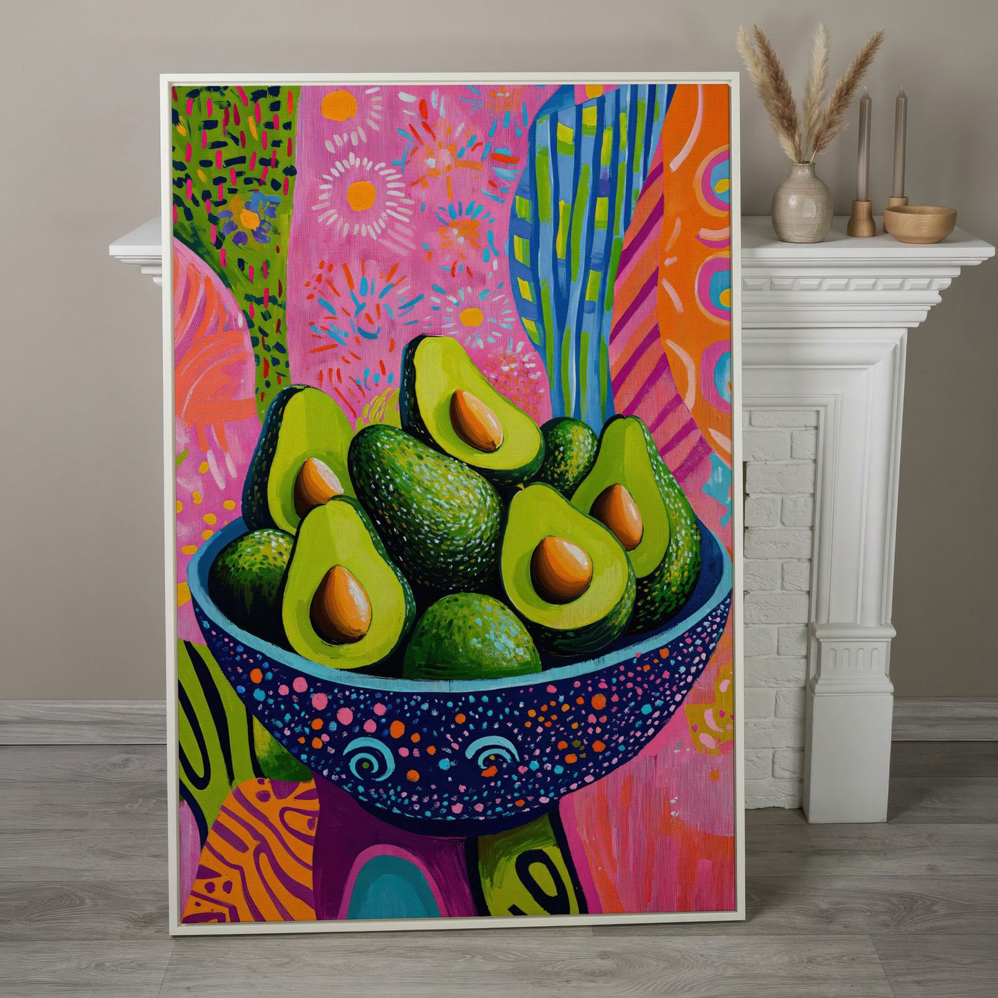 Abstract Avocado Bowl Canvas in Hot Pink and Tangerine in white floating frame