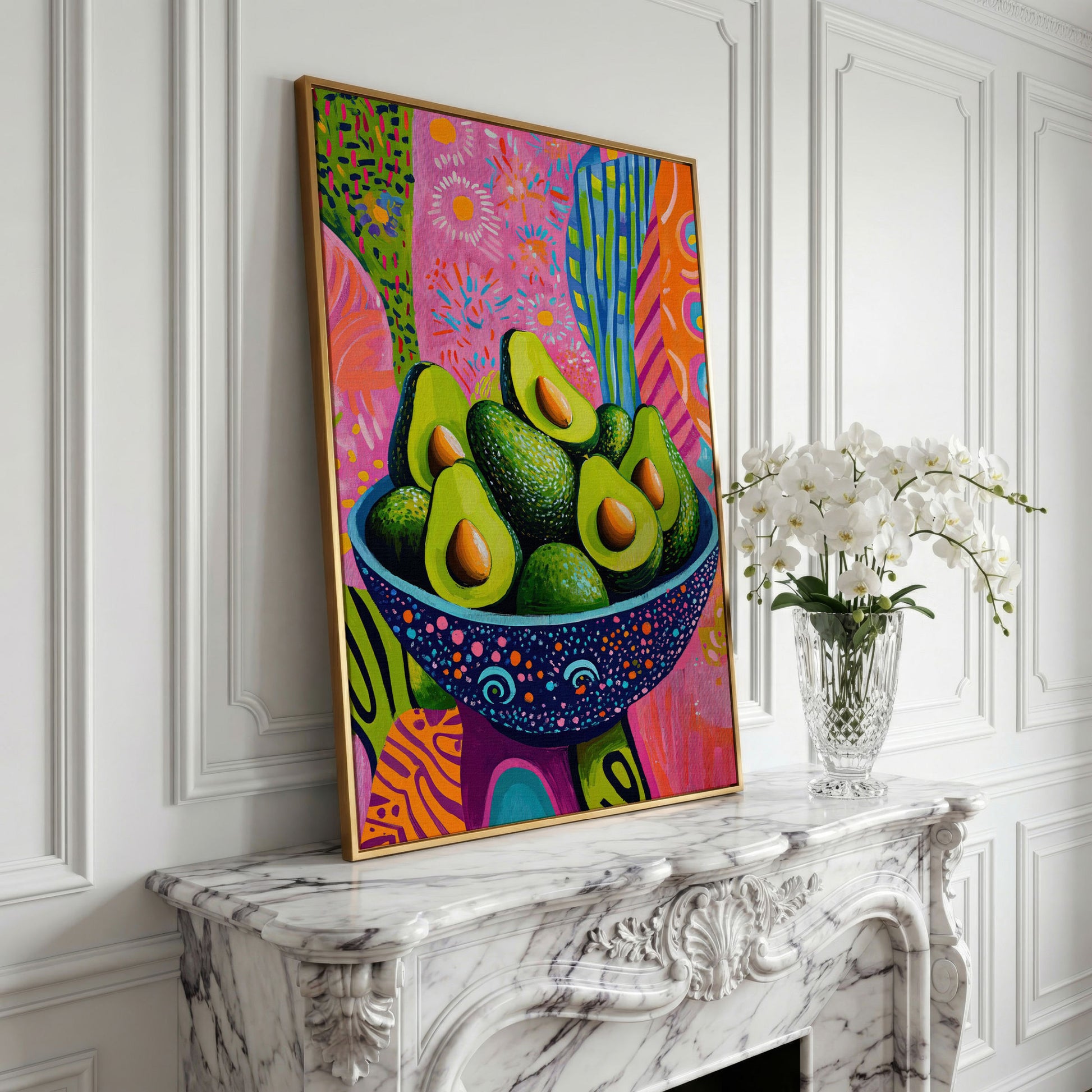 Abstract Avocado Bowl Canvas in Hot Pink and Tangerine in yellow gold floating frame