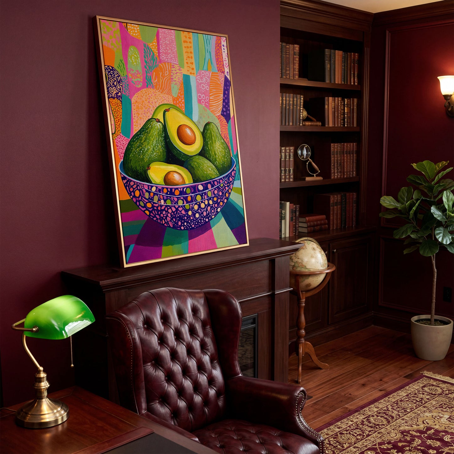 Vibrant Avocado Bowl in Pink Canvas Art in antique gold floating frame