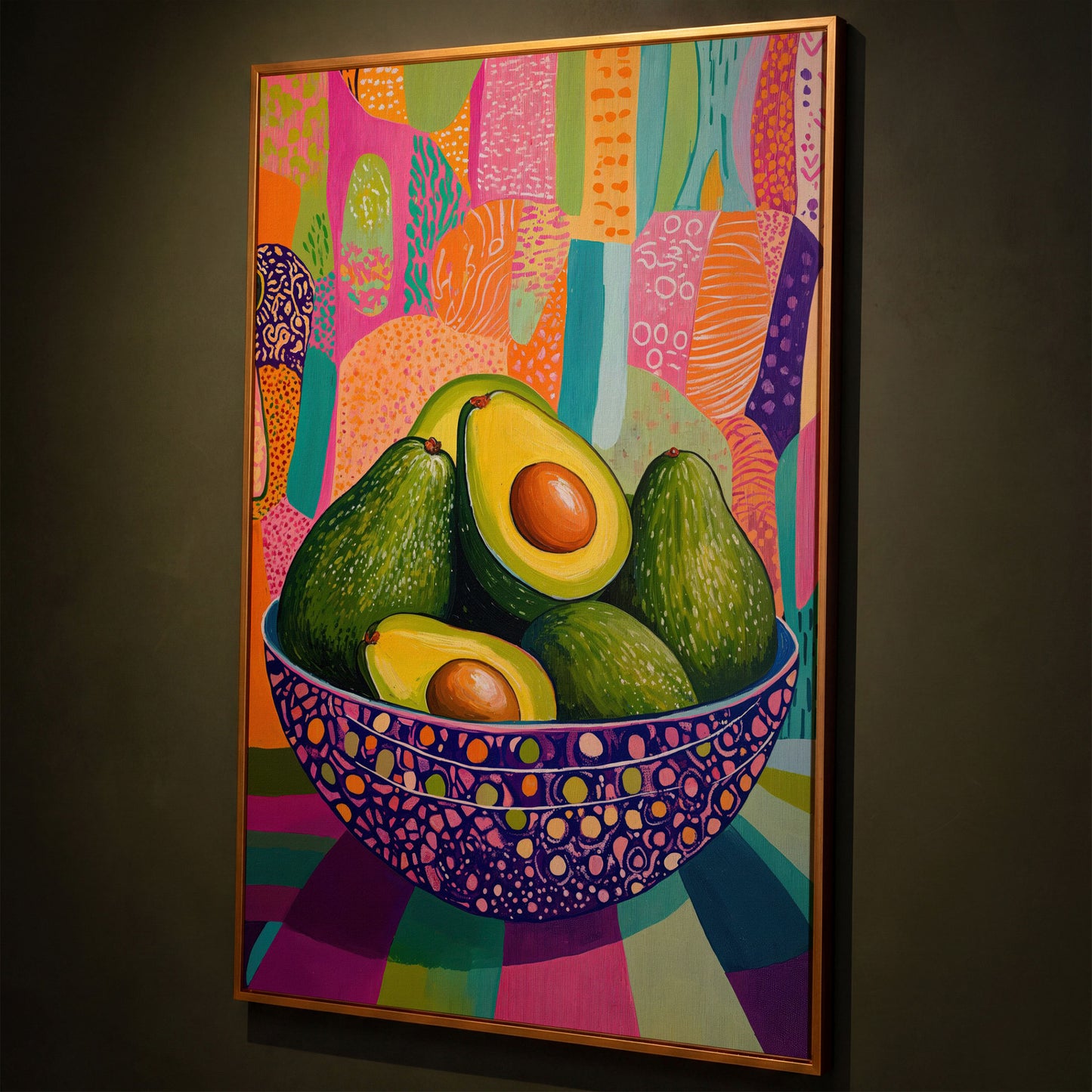 Vibrant Avocado Bowl in Pink Canvas Art shown in antique gold floating frame