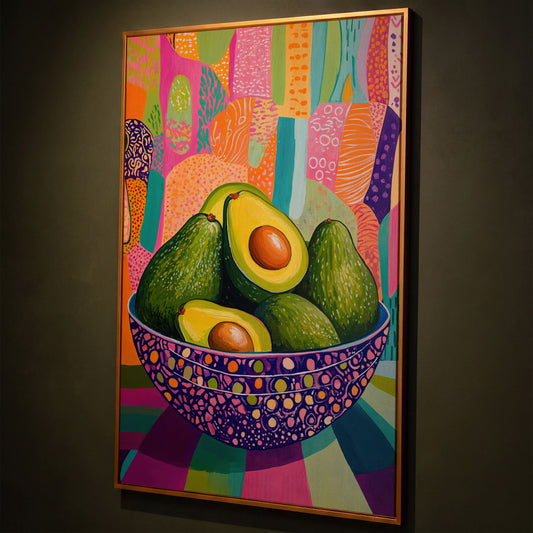 Vibrant Avocado Bowl in Pink Canvas Art shown in antique gold floating frame