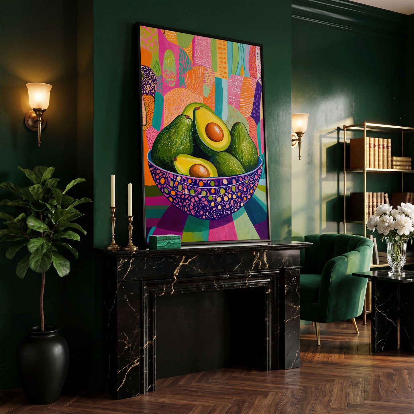 Vibrant Avocado Bowl in Pink Canvas Art in black floating frame