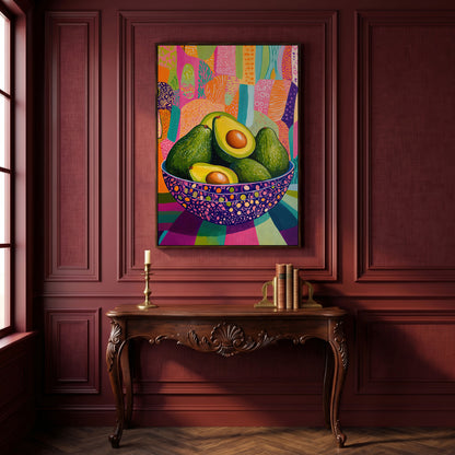 Vibrant Avocado Bowl in Pink Canvas Art in dark walnut floating frame