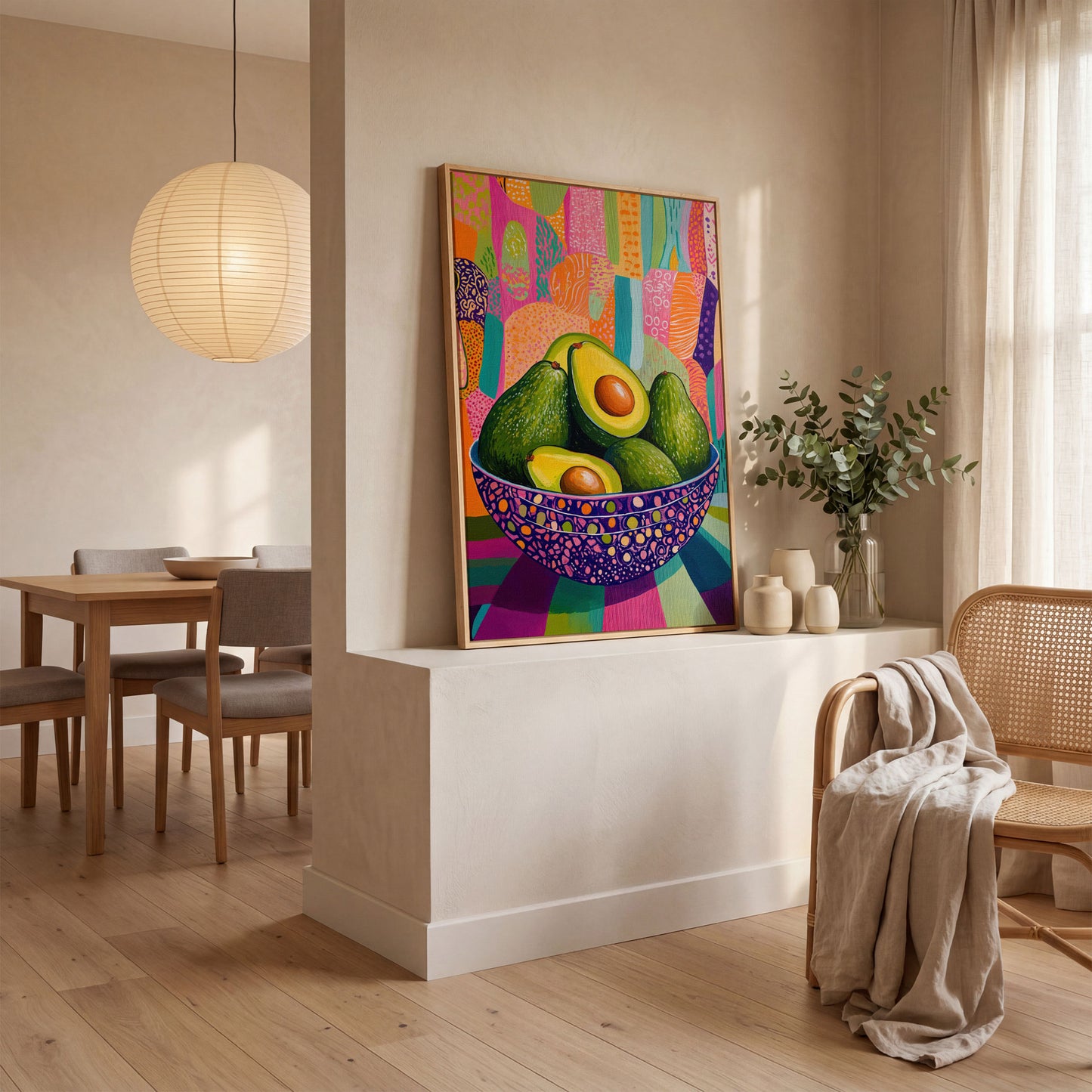 Vibrant Avocado Bowl in Pink Canvas Art in white oak floating frame