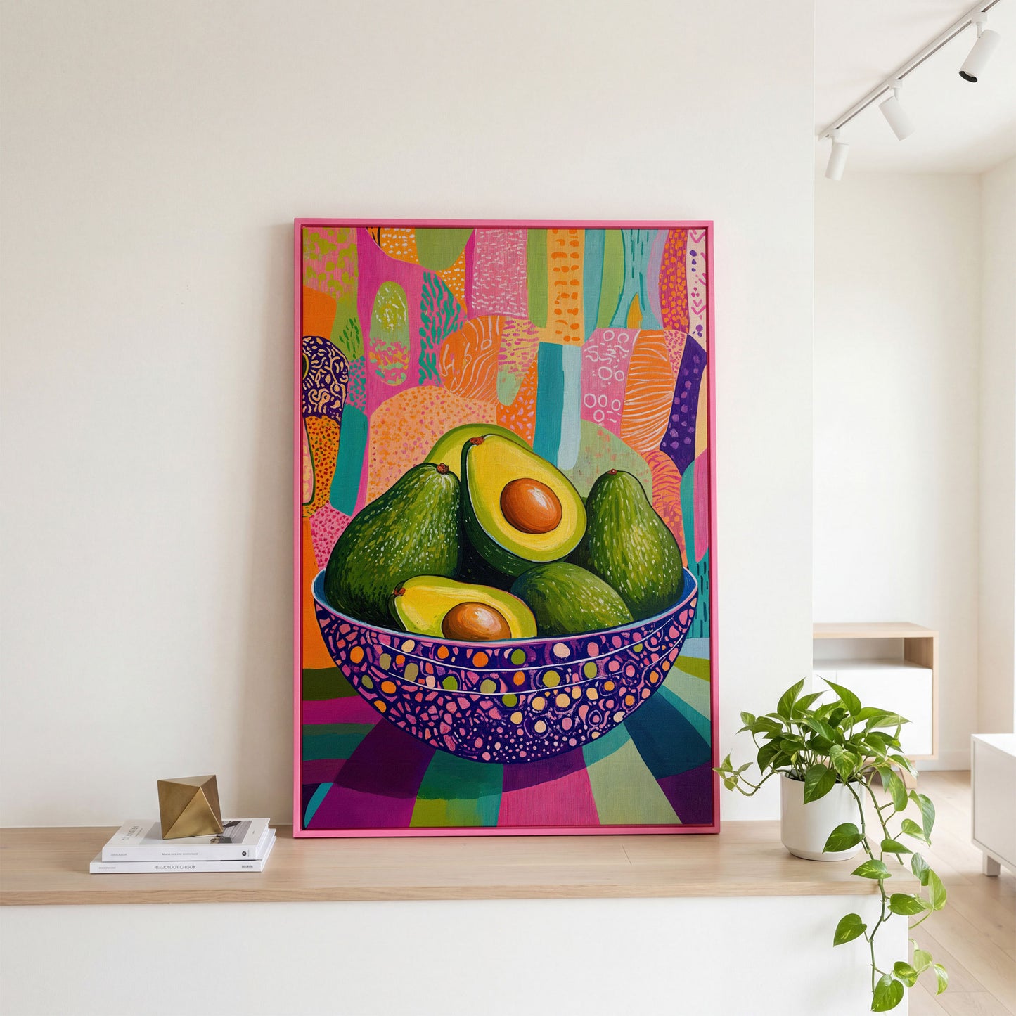 Vibrant Avocado Bowl in Pink Canvas Art in pink floating frame
