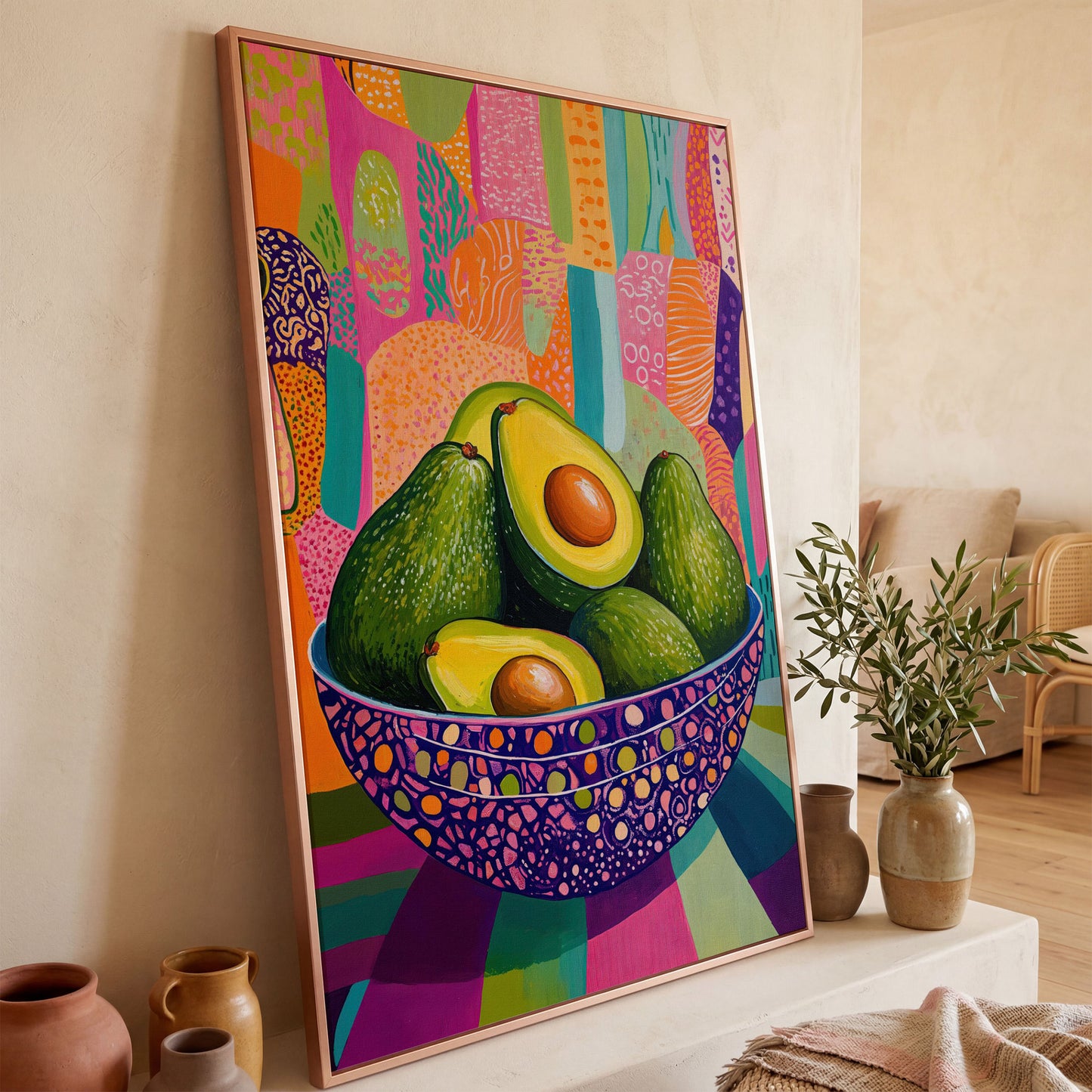 Vibrant Avocado Bowl in Pink Canvas Art in rose gold floating frame