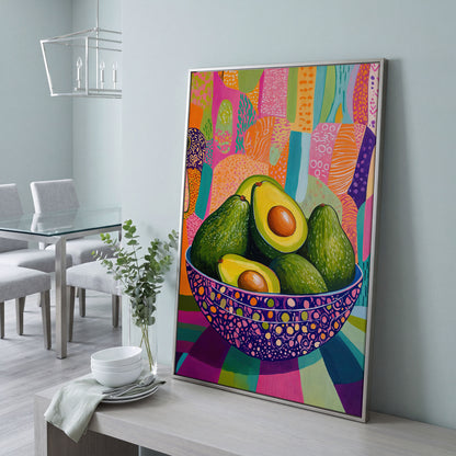 Vibrant Avocado Bowl in Pink Canvas Art in silver floating frame