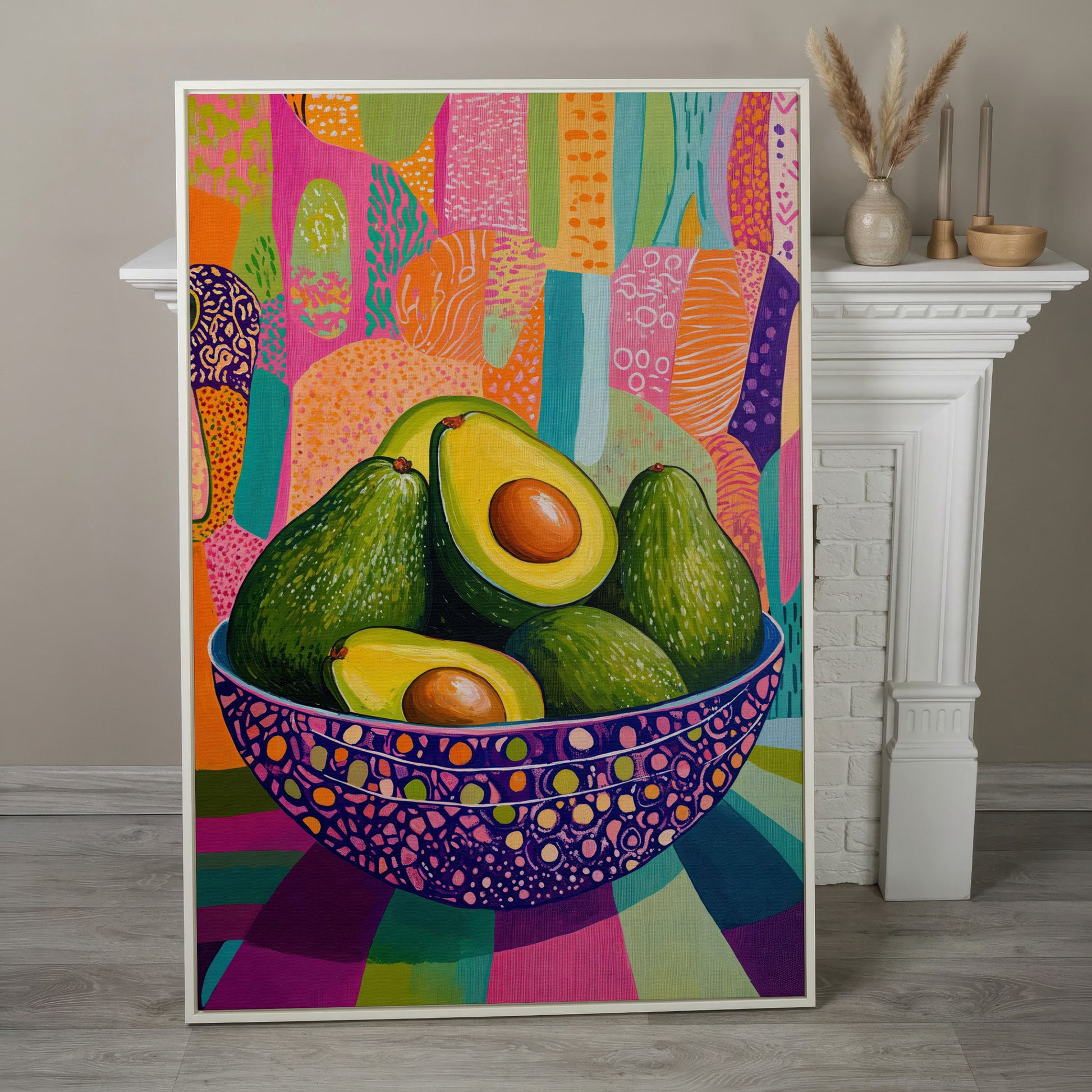 Vibrant Avocado Bowl in Pink Canvas Art in white floating frame