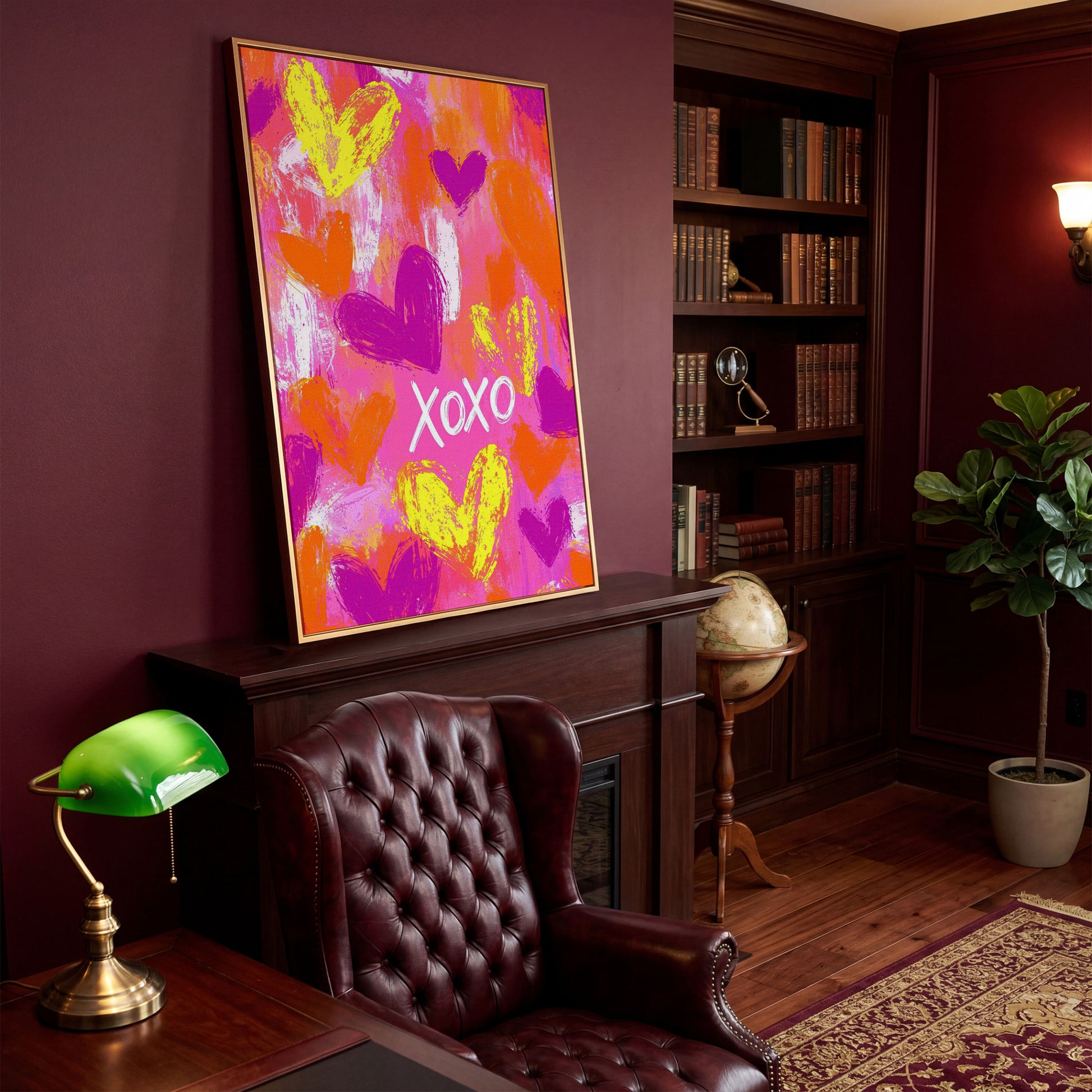 Hearts & XOXO Canvas Print in Fuchsia & Tangerine in antique gold floating frame
