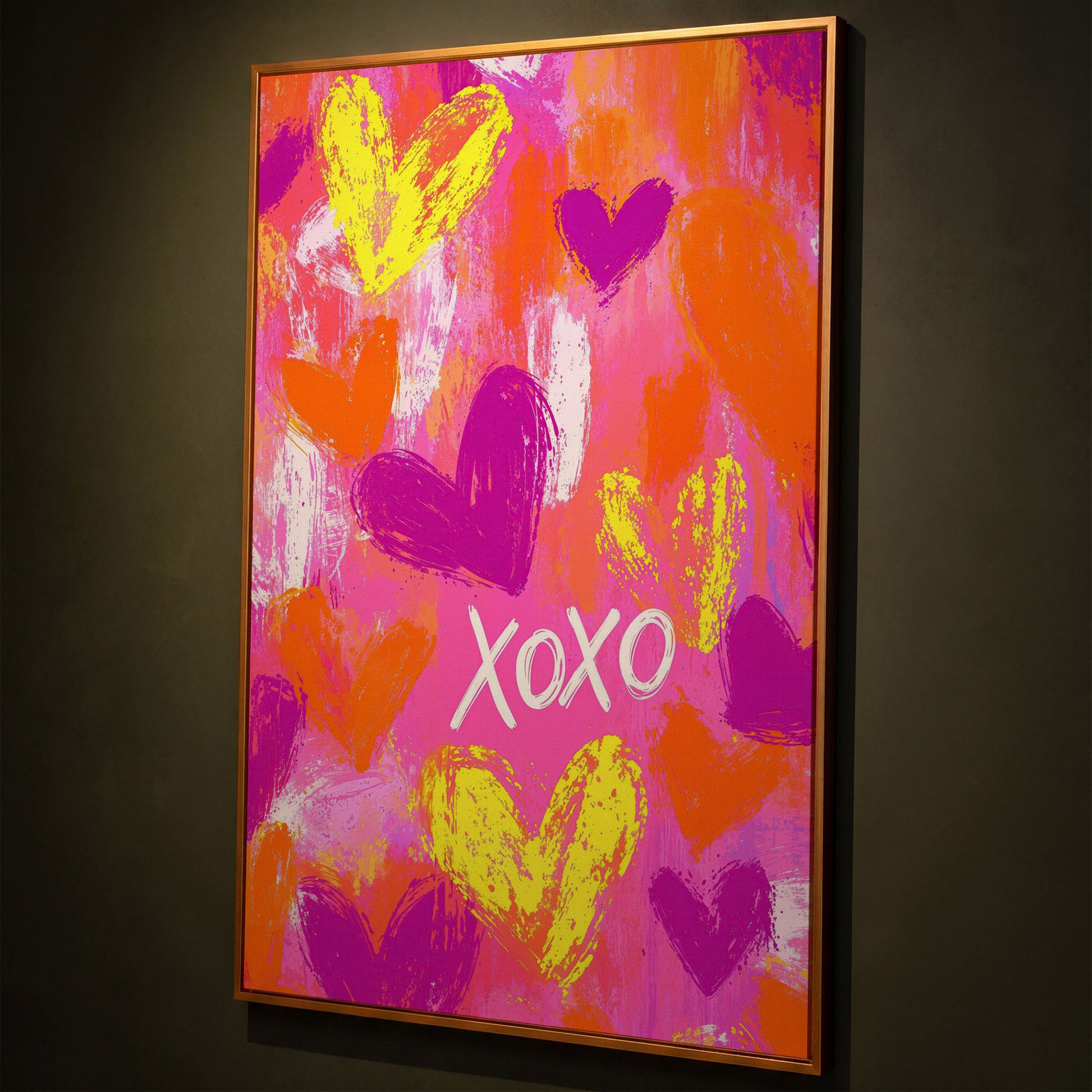 Hearts & XOXO Canvas Print in Fuchsia & Tangerine shown in antique gold floating frame
