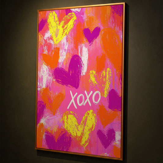 Hearts & XOXO Canvas Print in Fuchsia & Tangerine shown in antique gold floating frame