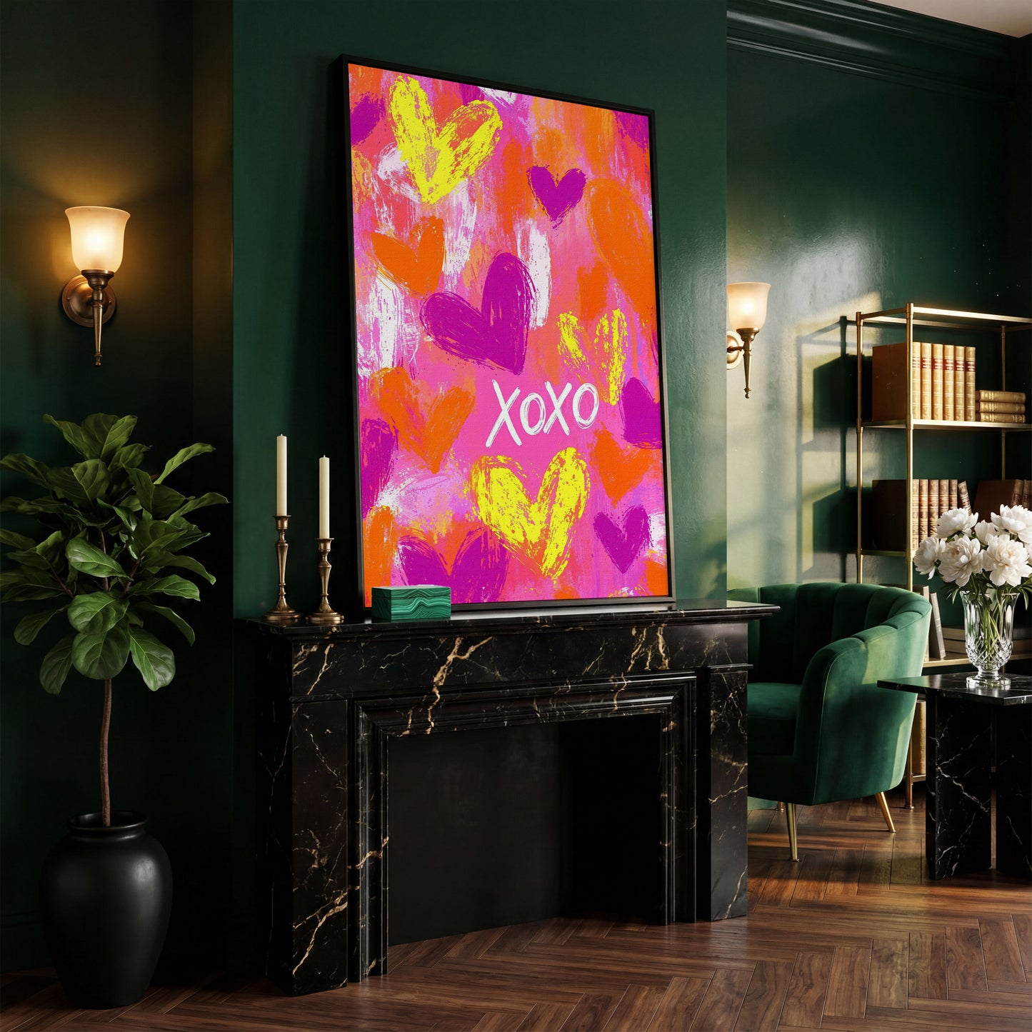 Hearts & XOXO Canvas Print in Fuchsia & Tangerine in black floating frame