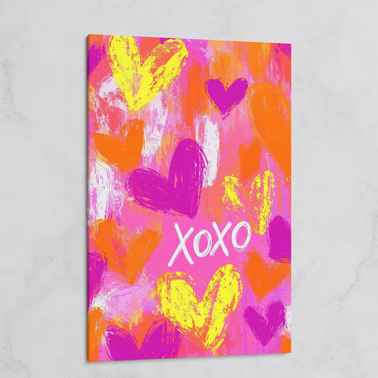Hearts & XOXO Canvas Print in Fuchsia & Tangerine on gallery wrap
