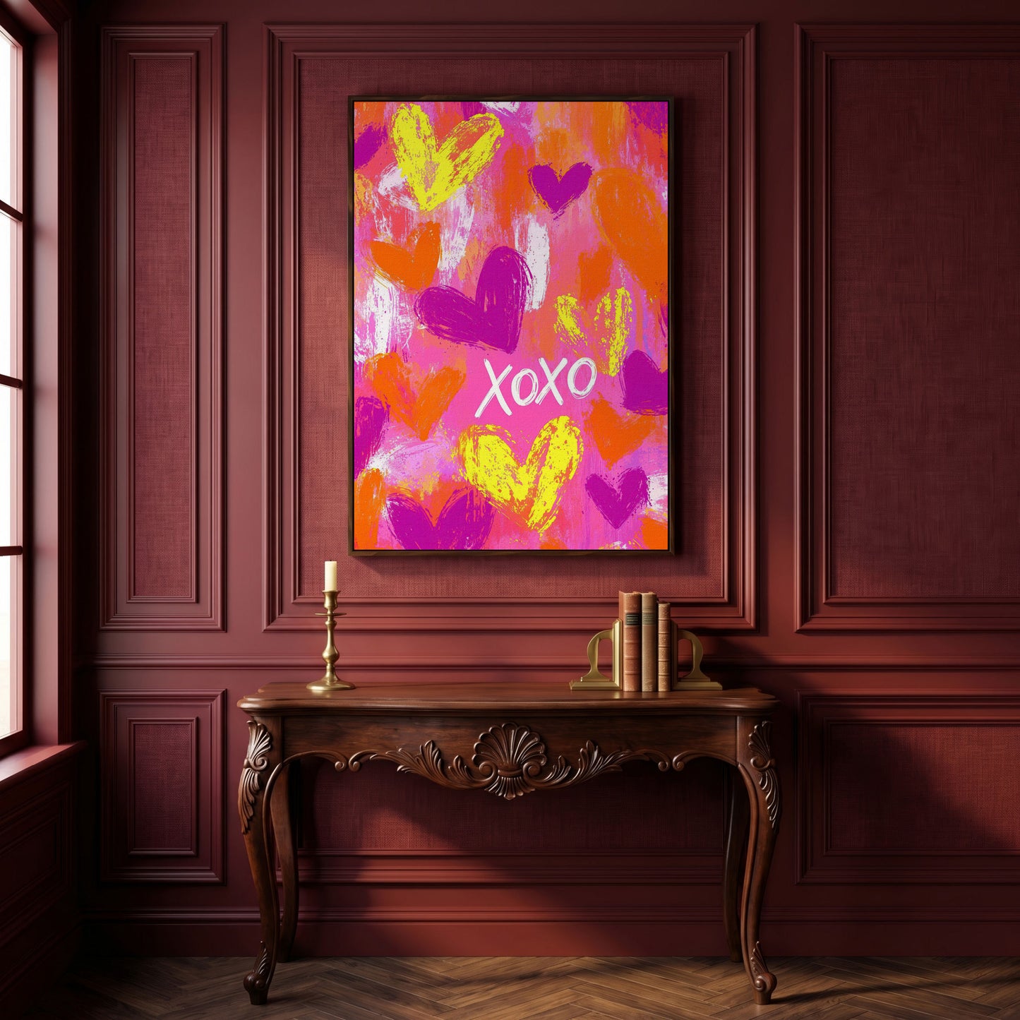 Hearts & XOXO Canvas Print in Fuchsia & Tangerine in dark walnut floating frame