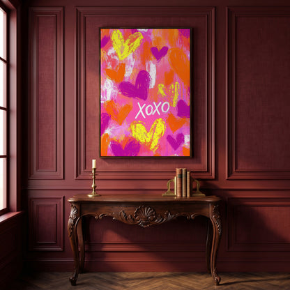 Hearts & XOXO Canvas Print in Fuchsia & Tangerine in dark walnut floating frame