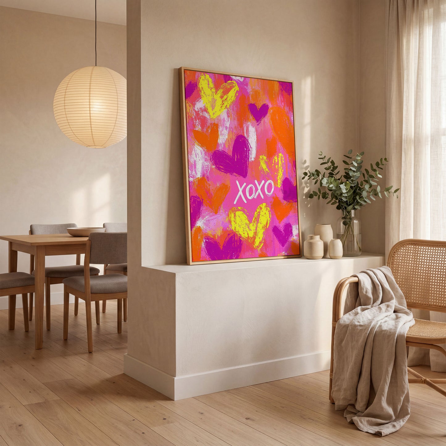 Hearts & XOXO Canvas Print in Fuchsia & Tangerine in white oak floating frame