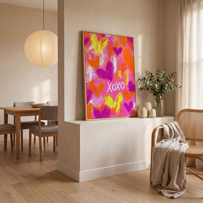 Hearts & XOXO Canvas Print in Fuchsia & Tangerine in white oak floating frame