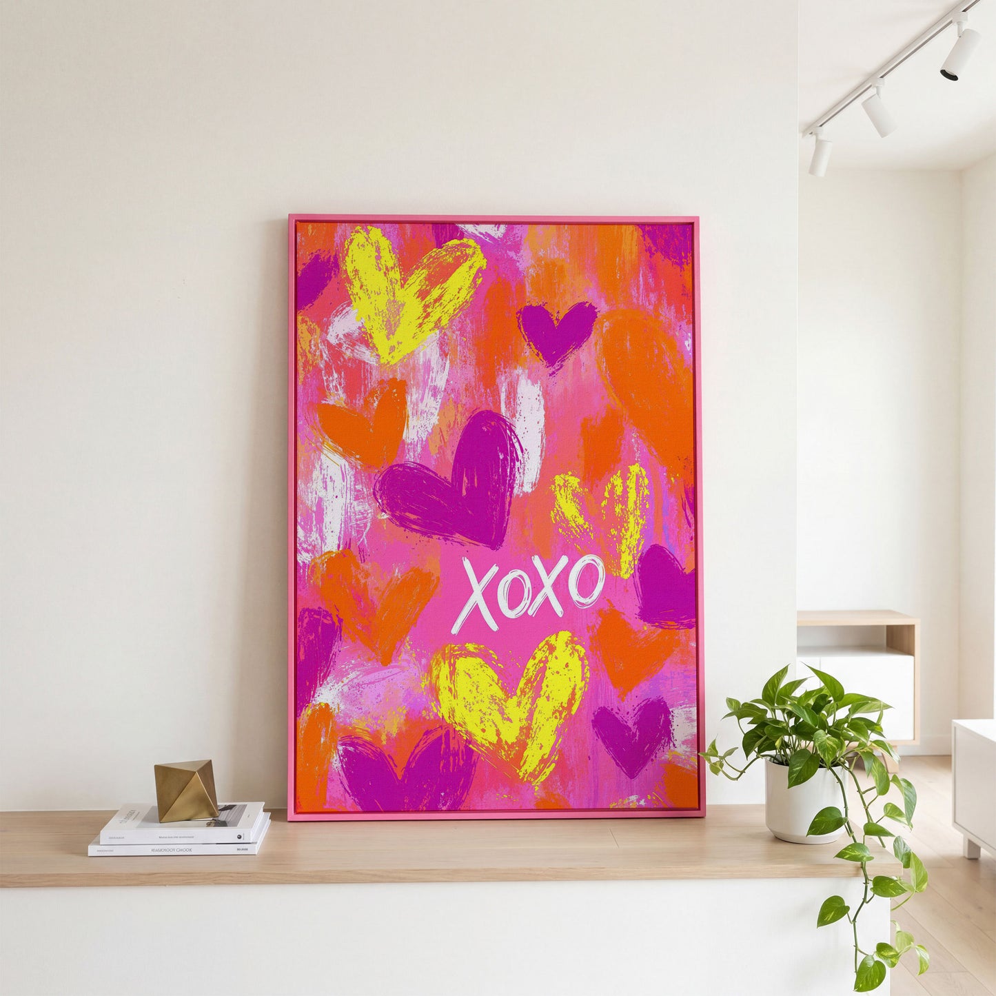 Hearts & XOXO Canvas Print in Fuchsia & Tangerine in pink floating frame