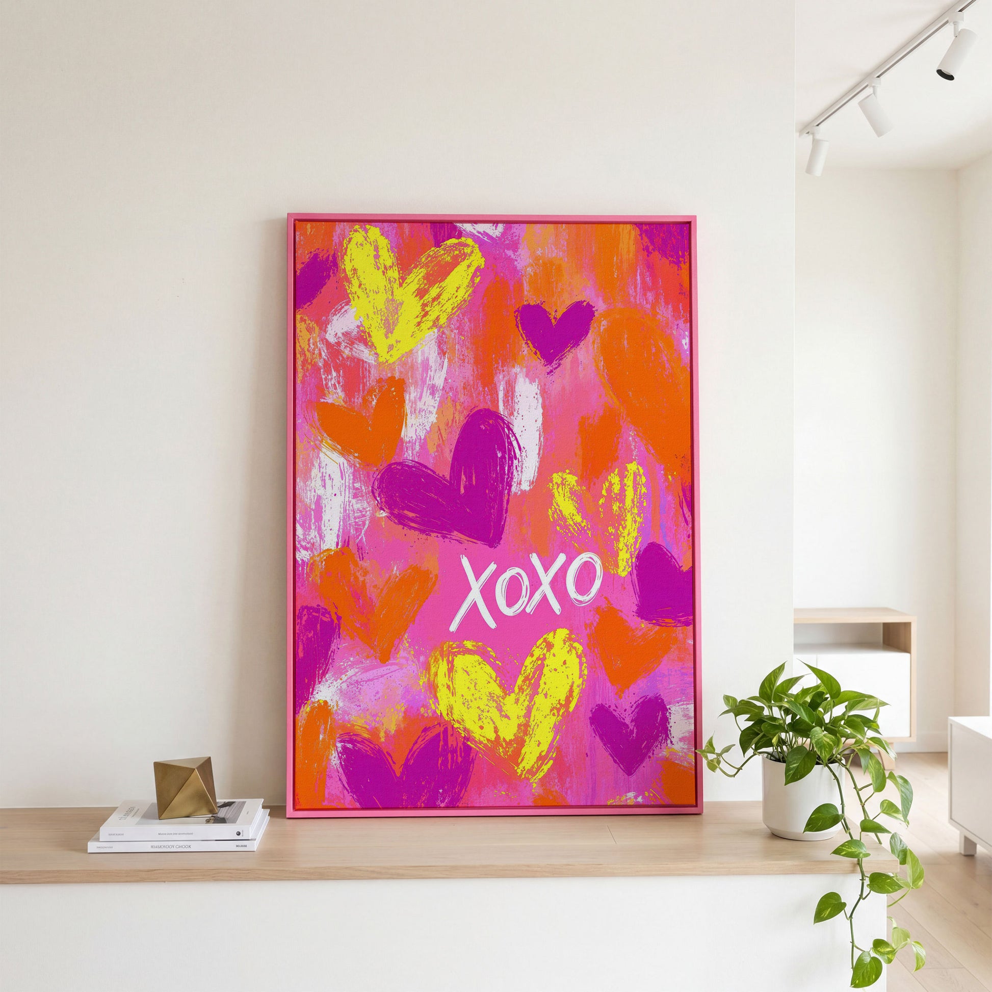 Hearts & XOXO Canvas Print in Fuchsia & Tangerine in pink floating frame