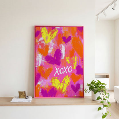Hearts & XOXO Canvas Print in Fuchsia & Tangerine in pink floating frame